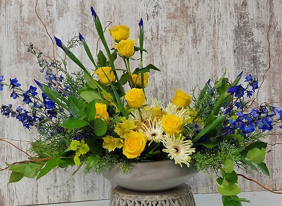 Yellow Roses and Blue Delphinum